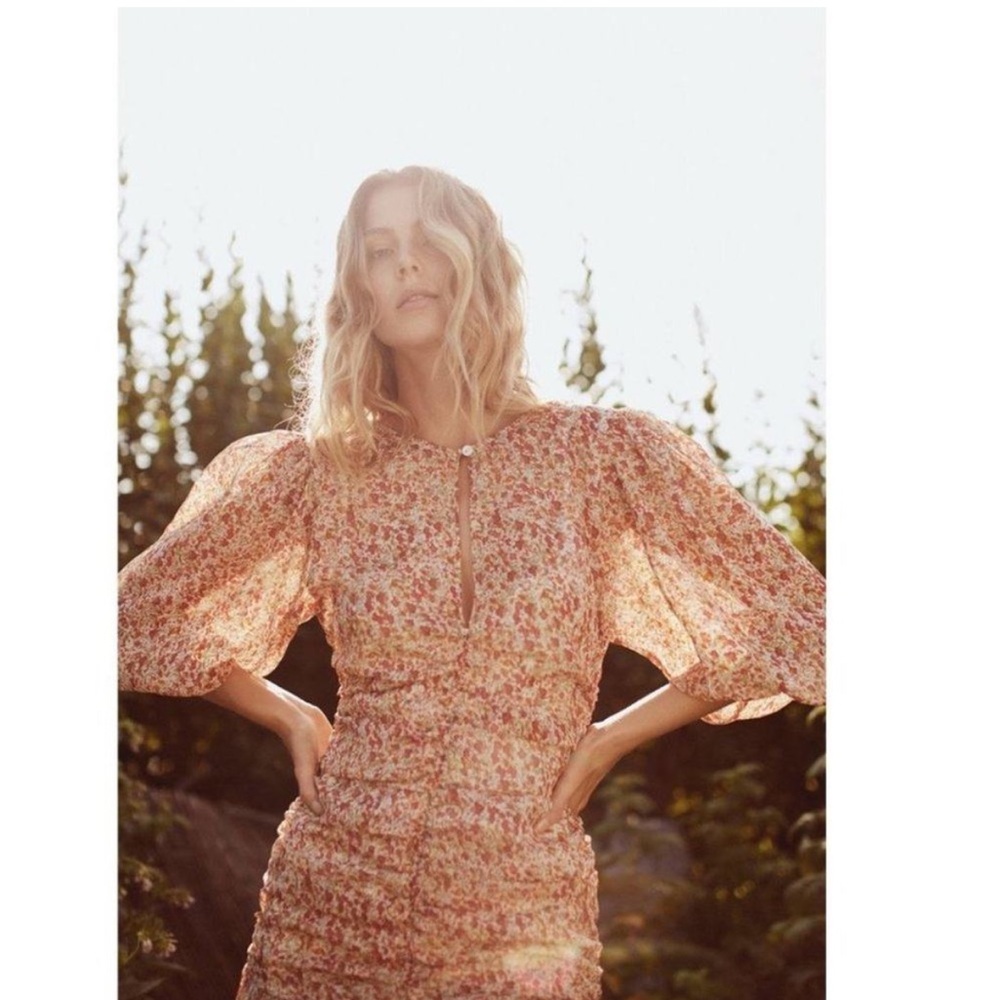 byTiMo Chiffon Ruched Mini Dress‎ Sheer Flowers Small Orange Floral